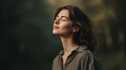Naklejka premium Relaxing woman enjoying nature forest lifestyle portrait tranquil environment close-up serenity