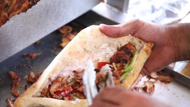 Sliced meat for doner kebabs is placed in bread