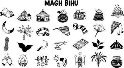 Magh Bihu Doodle Set: Assam Harvest Festival Icons