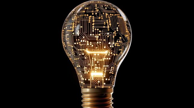 a light bulb with circuit board patterns inside, glowing softly against a black background. the light bulb is illuminated and has an electronic structure visible within it. there's a bright glow emana