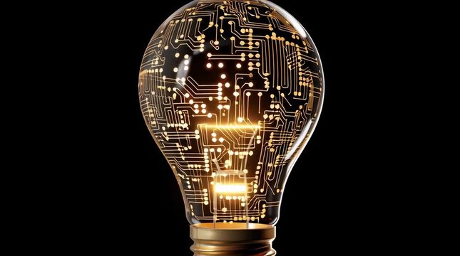 a light bulb with circuit board patterns inside, glowing softly against a black background. the light bulb is illuminated and has an electronic structure visible within it. there's a bright glow emana