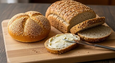 Delicious Freshly Baked Bread and Rolls on a Wooden Cutting Board