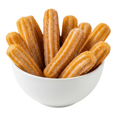 A pristine white ceramic bowl, brimming with golden-fried churros, white background isolated