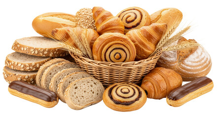 Freshly baked sweet pastries and assorted bread rolls in a wicker basket for a delightful breakfast or snack