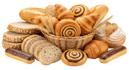 Freshly baked sweet pastries and assorted bread rolls in a wicker basket for a delightful breakfast or snack
