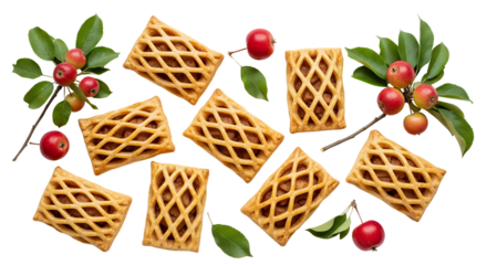 A spread of seven golden-brown apple turnovers is artfully arranged on a clean white background, accompanied by fresh miniature apples and green leaves