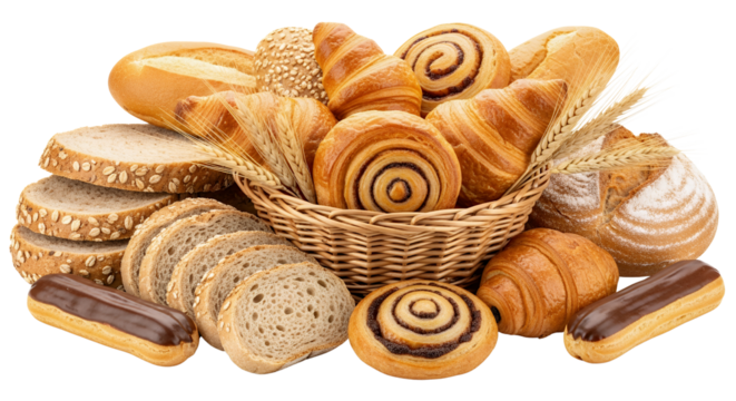 Freshly baked sweet pastries and assorted bread rolls in a wicker basket for a delightful breakfast or snack