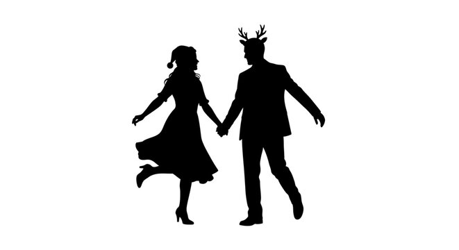 A joyful silhouette of a festive couple, holding hands and celebrating the holiday season with playful reindeer antlers, embodying Christmas cheer.