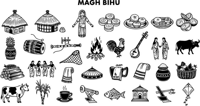 Magh Bihu Festival Line Art: Traditional Elements of Assam Celebration