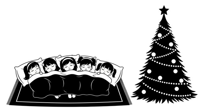 Five young girls are peacefully sleeping together under a warm blanket, eagerly awaiting Christmas morning next to a beautifully decorated tree.