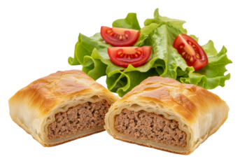 A golden-brown, flaky savory pastry a burek, cut in half to reveal a dense, seasoned ground meat filling