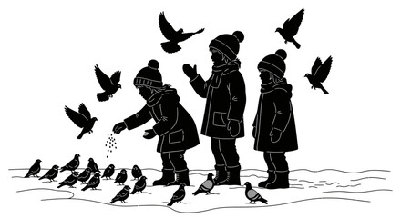 Three young children, dressed warmly for winter, lovingly feed a flock of birds on a snowy ground, illustrating compassion and festive seasonal cheer.