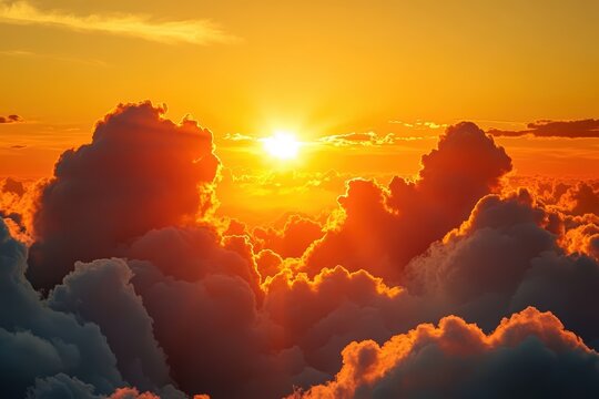 Dramatic golden sunset over clouds, casting bright sunrays and inspiring celestial beauty, pure serenity. - Powered by Adobe