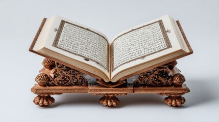 An open, ornate book rests on a carved wooden stand.