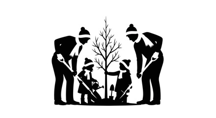 A heartwarming silhouette depicts a family, including two adults and two children, actively planting a young tree together, symbolizing environmental stewardship and generational care.