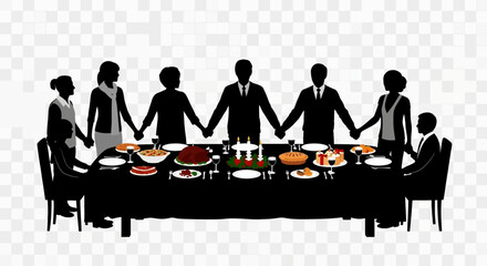A silhouette illustration depicts a diverse group of individuals holding hands around a festive dinner table, symbolizing unity, gratitude, and communal celebration.