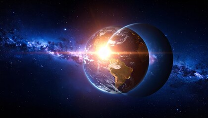 Dramatic space visualization featuring Earth, nebula, and celestial glow