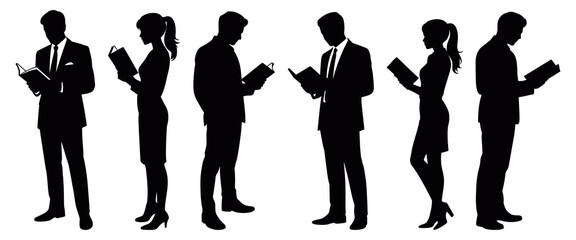Business people silhouette set showing standing professionals using mobile phones for communication, teamwork, and digital connection in minimal black vector style