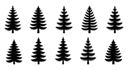 Obraz premium Collection of evergreen pine tree silhouette icons in clean minimal style representing forest, nature, and outdoor landscape design concept in black vector format