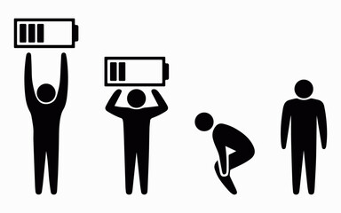 Energy recharge and exhaustion concept icons showing human figures with battery levels representing motivation, burnout, and productivity balance in simple silhouette style
