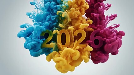 A creative new year 2026 concept featuring the text dissolving into a vibrant explosion of colorful ink clouds in water