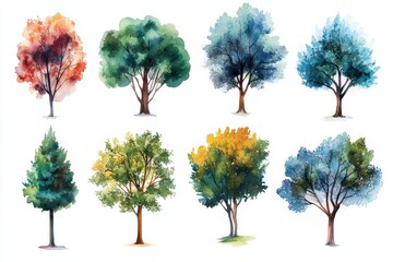 Fototapeta premium Watercolor Tree Collection: Artistic Rendering of Various Trees in a Loose, Expressive Watercolor Style