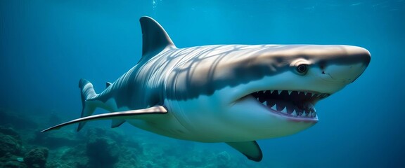 Fototapeta premium Apex predator great white shark underwater hunting, predator, swimming