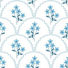 Blue Floral Hand-Drawn Seamless Pattern with Delicate Botanical Motifs