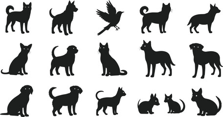 Fototapeta premium Silhouette pets and bird collection for creative projects, perfect for animal lovers and design enthusiasts, including cats, dogs and a bird in flight