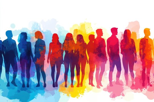 Vibrant Watercolor Silhouettes: A Diverse Crowd Standing Together in Solidarity, Unity and Community Celebration