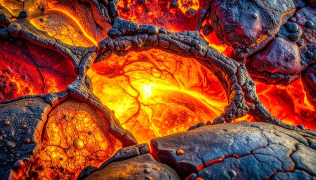 Fiery molten lava flows through cracked earth, creating a dramatic and intense natural wonder, ideal for science, geology, or energy concepts, evoking raw power and geological forces