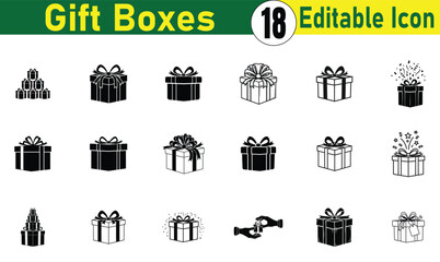 Collection of black and white editable gift box icons with ribbons and bows for holiday celebrations and special occasions