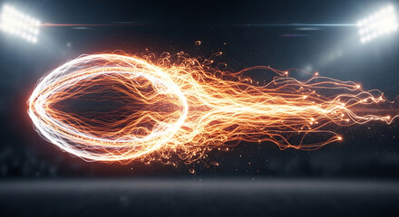 Glowing orange energy trails form a football shape against stadium lights image