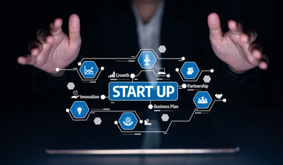 A person presents a virtual representation of a start up concept with growth and innovation icons, emphasizing business strategy and development in a digital workspace. Tessel