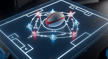 Rugby ball on digital tactical board with player icons and arrows sport game