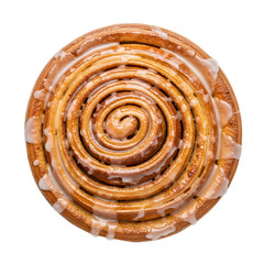 Top view freshly baked gourmet bread cinnamon roll with white cream on a white background is a tasty food snack for breakfast