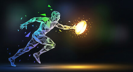 Naklejka premium Polygonal human figure running with glowing golden orb and particles abstract athlete
