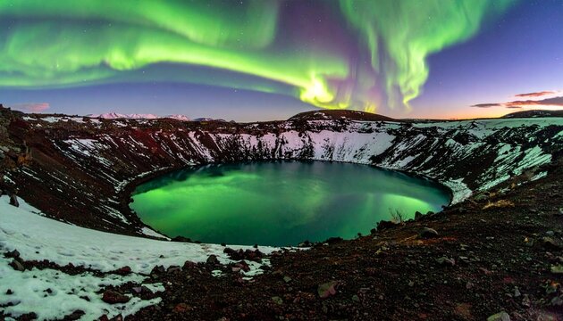 Experience the stunning Northern Lights dancing above a serene volcanic crater lake, Iceland's breathtaking natural beauty offering a sense of wonder and adventure under the Arctic sky