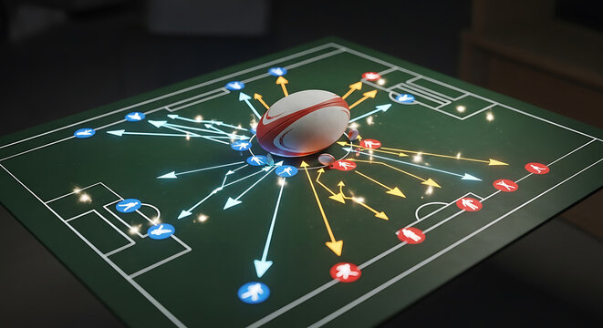 Rugby ball on green board with player icons and directional arrows sport game