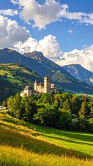 Majestic Castle Amidst Verdant Hills and Towering Mountains.