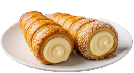 Freshly baked horn pastries on a white plate is a sweet breakfast snack