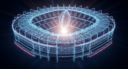 Wireframe stadium and football glowing with blue light on dark background blueprint sketch