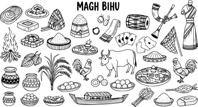 Traditional Magh Bihu Festival Elements and Symbols - Line Art Illustration