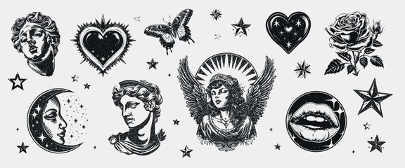 Vintage black and white tattoo design celestial symbols ancient Greek statues angel heart moon lips stars butterfly rose mystical aesthetic retro engraving style vector illustration