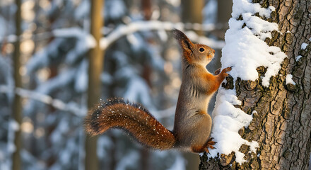 Wild red squirrel standing on snowy bark winter wildlife scene