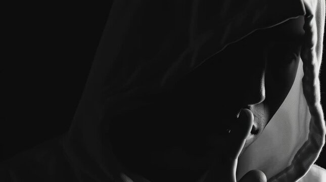 a man in a hood in white silouette. The man is holding his finger up to his mouth forming the shh motion,