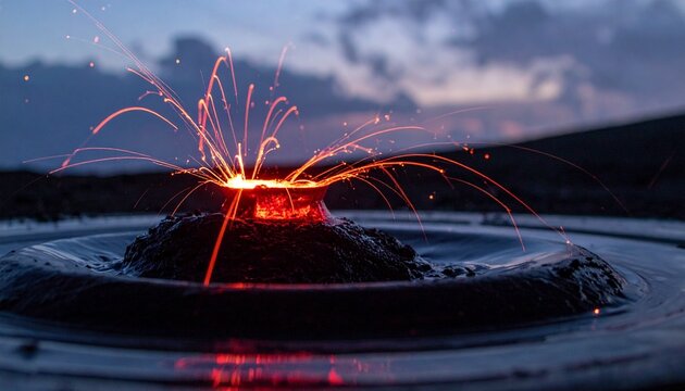 Fiery spectacle of sparks erupting from molten metal with vibrant energy against a twilight sky, perfect for industrial and creative projects