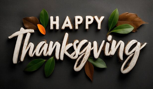 Happy Thanksgiving text written in white wooden letters on a black background with green and brown autumn leaves arrangement