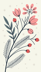 Winter floral branch with snowflakes, pine leaves, and berries in soft pastel minimal style. © Farhana