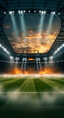 An empty soccer or cricket field at dusk smoke with bright spotlights and a moody sky, a versatile template for a mobile wallpaper or a team announcement poster